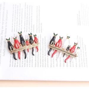 Six Cats on a Branch Gold Alloy Brooch Pin Animal Lover Quirky Retro Mod